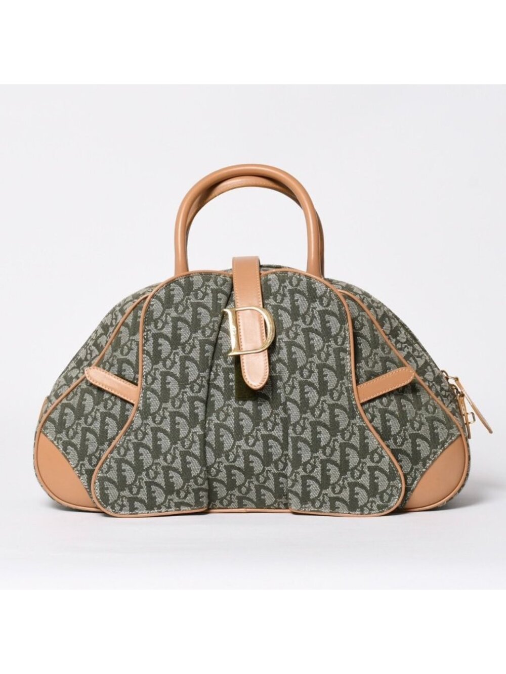 Dior Trotter Pattern Double Saddle Bag Khaki Beige Gold